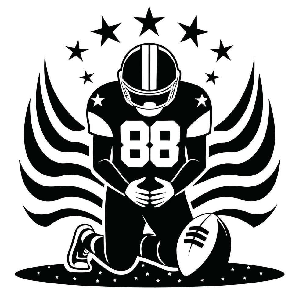 Kneeling Football Player with Ball, Stars, and Stripes in Black and White vector