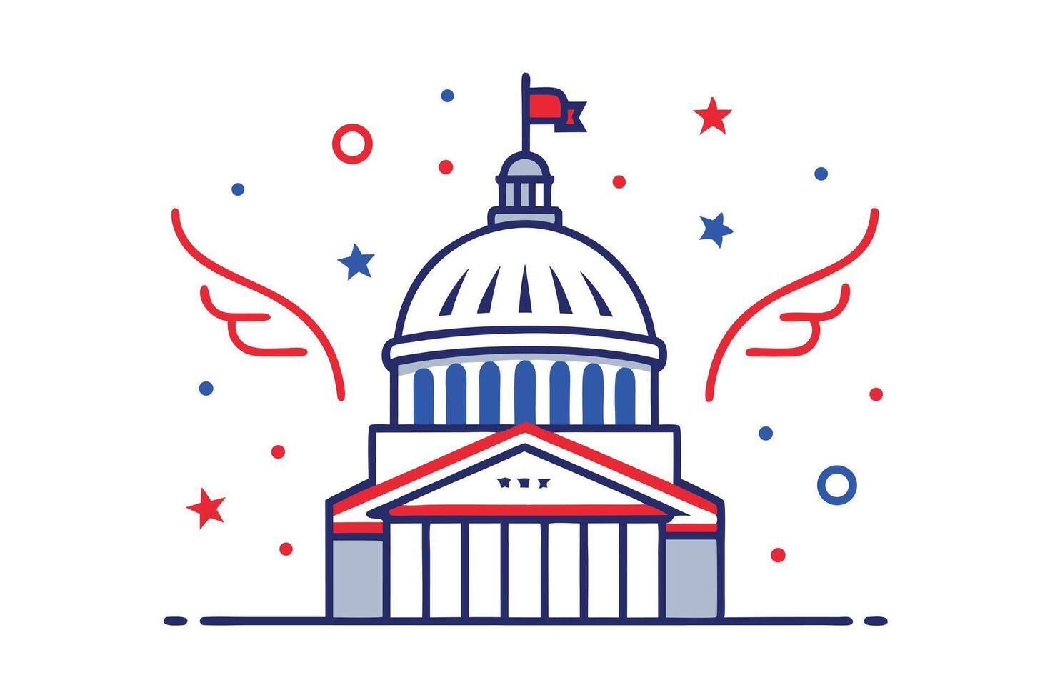 Patriotic Building Icon with Red Flag, Stars and Circles on White vector