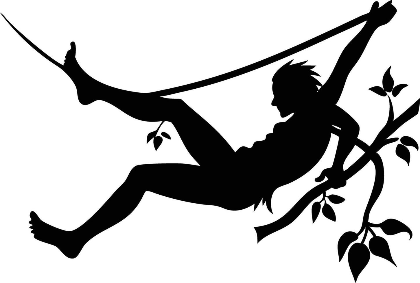 Silhouette of Figure Swinging on Vine with Foliage Black and White Jungle vector