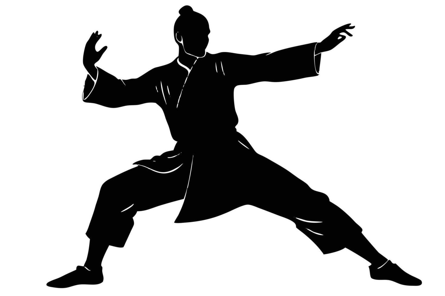 Dynamic Silhouette of Martial Artist in Stance, Wing Chun, Black and White Illustration vector