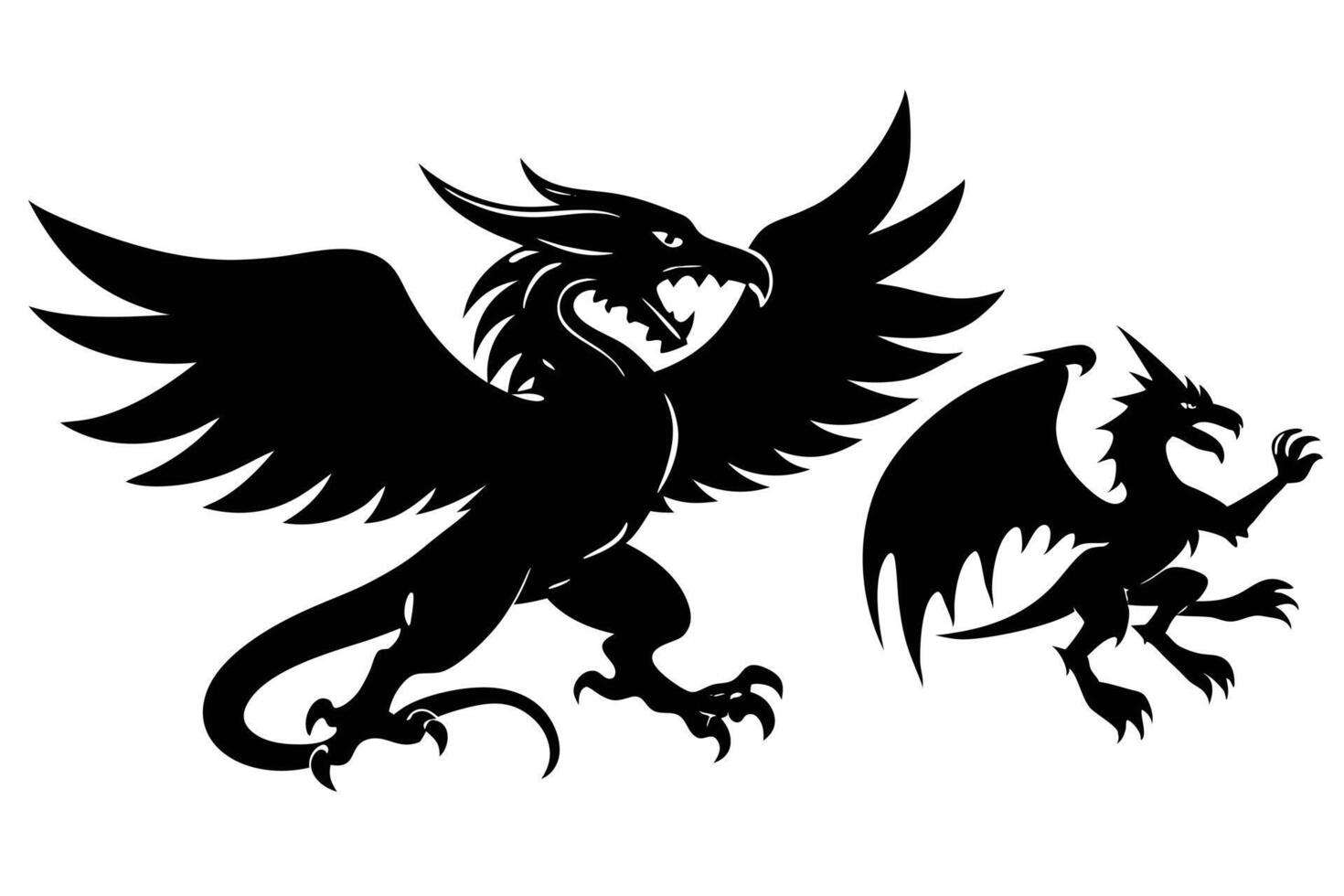 Two Black Dragon Silhouette Illustrations, Mythical Creatures, Winged Monsters, Heraldic Animals vector