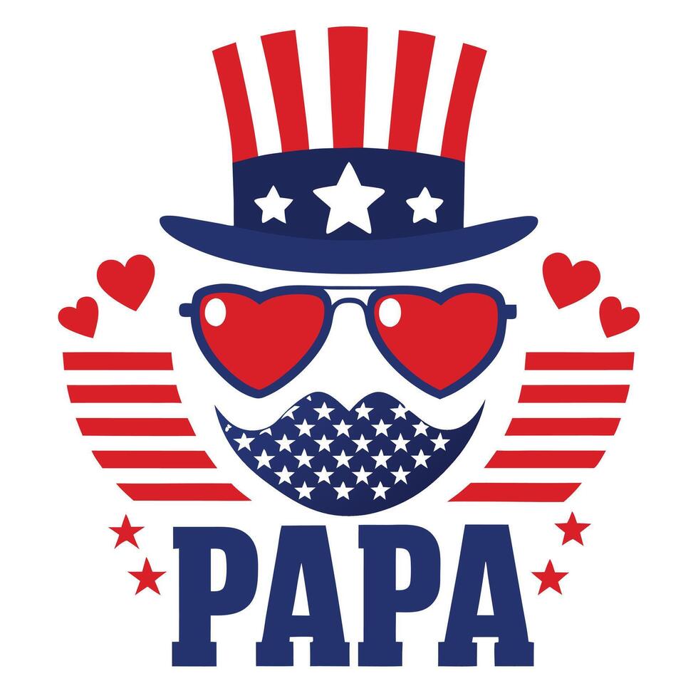 Patriotic Papa with American Flag Hat, Heart Glasses, and Starry Smile vector