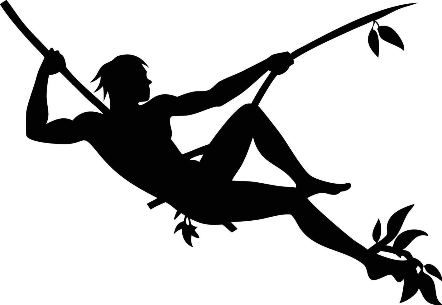 Black Silhouette Muscular Man Resting in Tree Branches with Leaves, Serene Relaxation vector