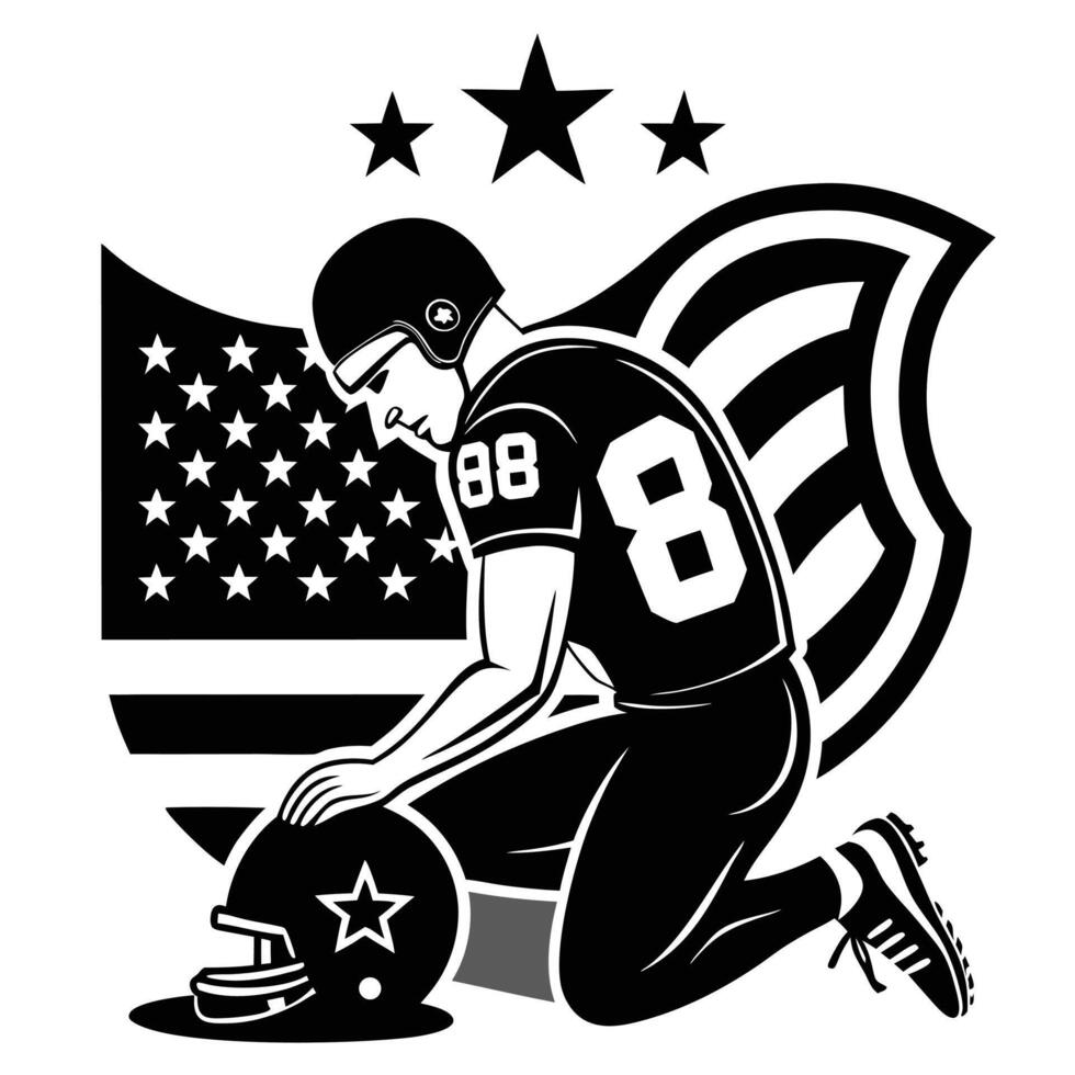 Football Player Kneeling Before Helmet with American Flag Backdrop Art vector