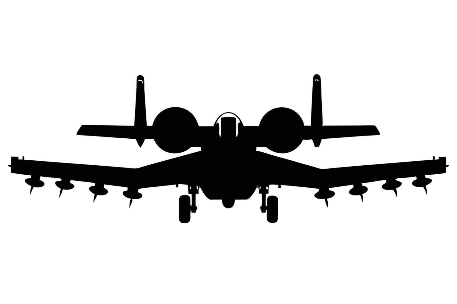 A10 Thunderbolt II Silhouette Front View of Military Aircraft, Loaded with Missiles vector
