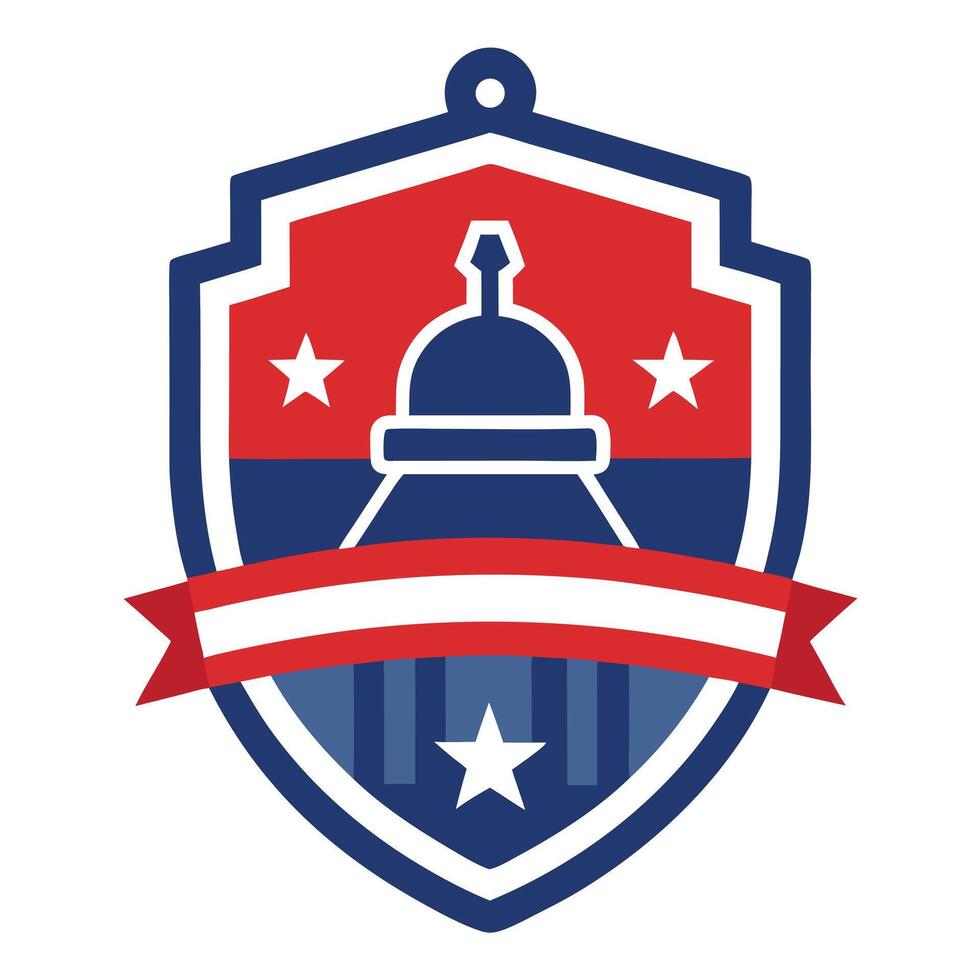 Patriotic Shield Emblem with Building Silhouette, Stars, and Red Ribbon Accent vector
