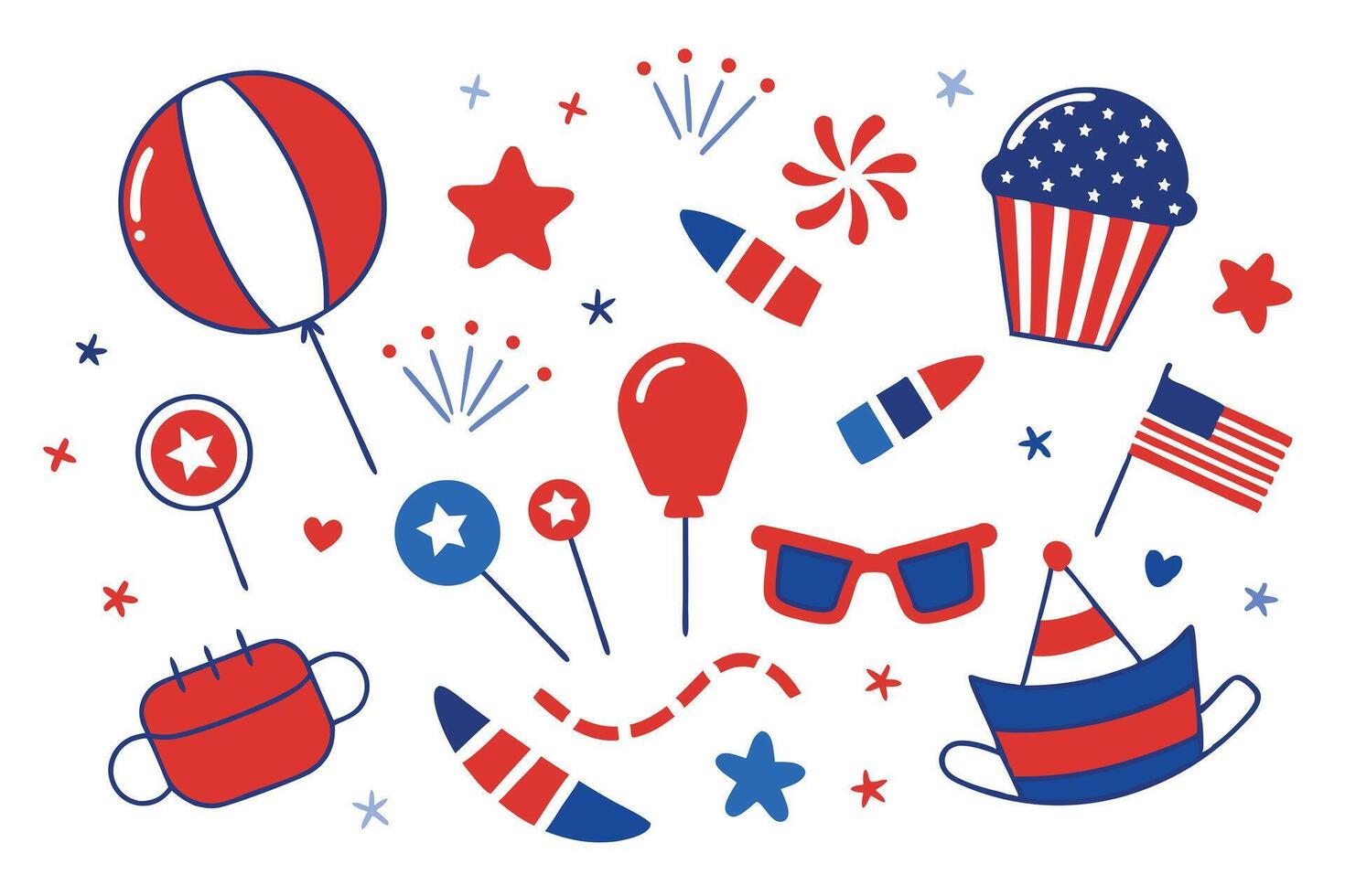 Festive Patriotic Icons Balloons, Treats, Fireworks, and More for July 4th Celebration vector