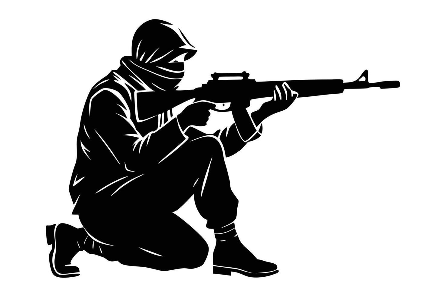 Silhouette of Masked Soldier Kneeling and Aiming a Rifle, Isolated on White vector