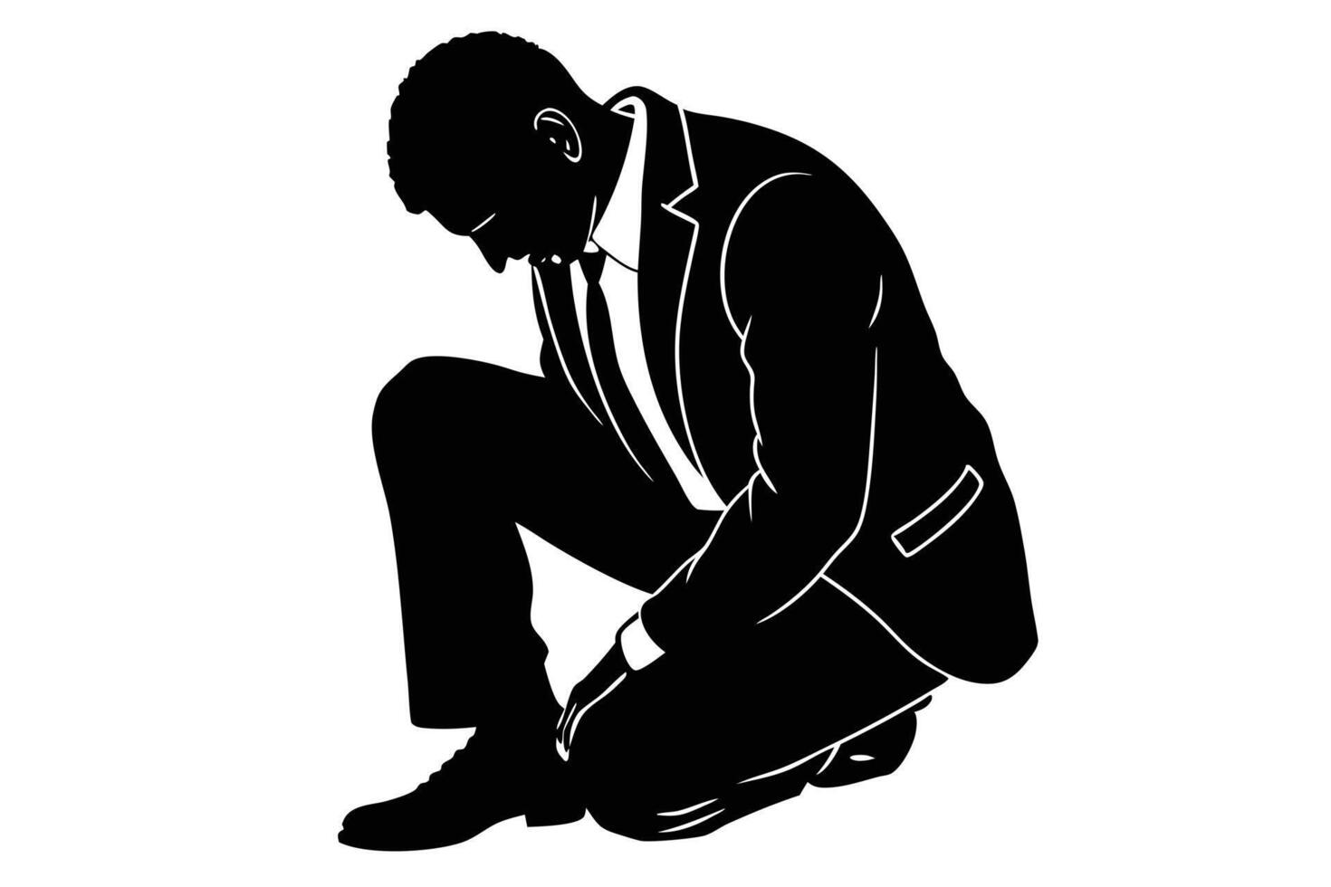 Silhouette of Kneeling Businessman Adjusting Shoe, Black and White Style Illustration vector