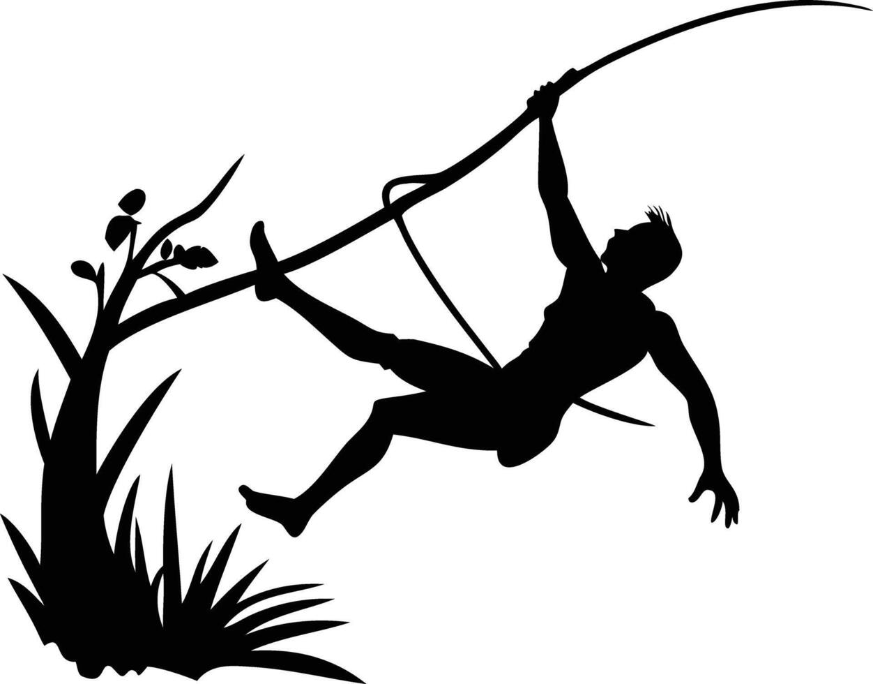 Black Silhouette Man Swinging on Vine Near Tree, Jungle Adventure Illustration vector
