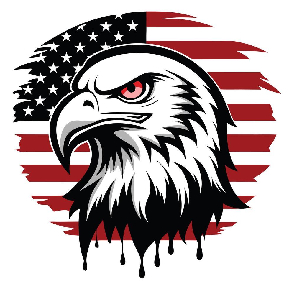 Bold Eagle Head Silhouette with Red Eyes Against Distressed American Flag Backdrop vector