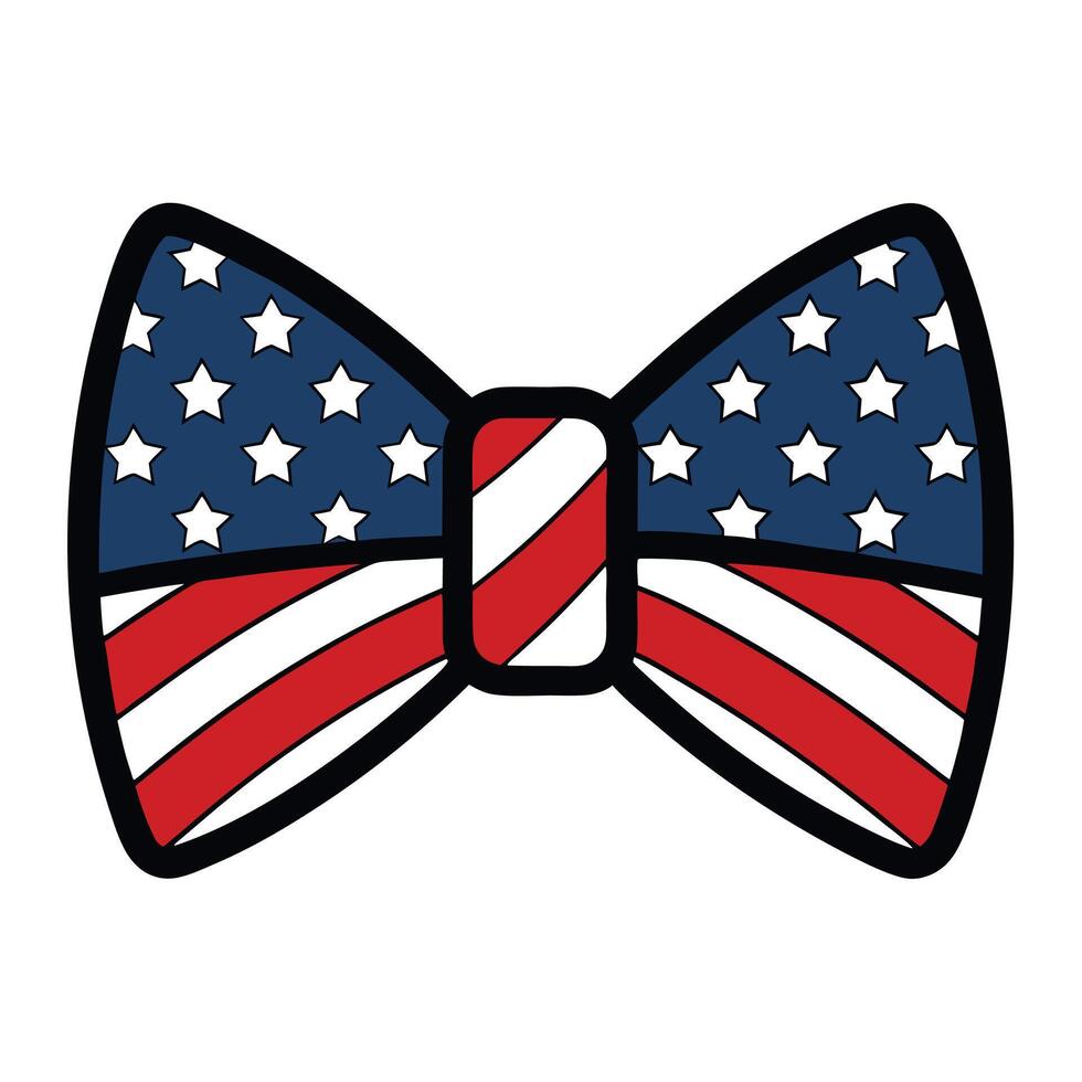 American Flag Bow Tie with Stars, Stripes, and Black Outline Isolated vector
