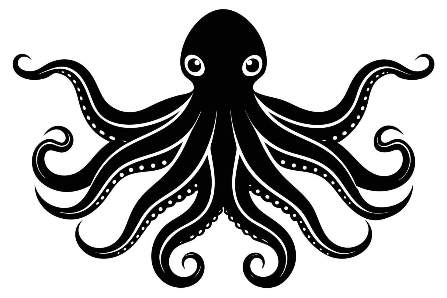 Elegant Black Octopus Illustration Featuring Curled Tentacles and Eye Details, Isolated on White vector