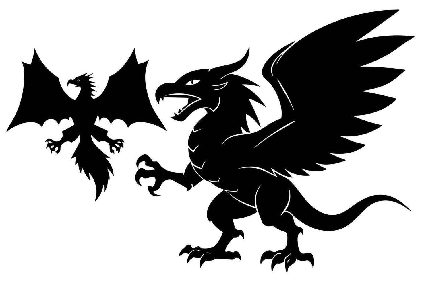 Majestic Black Dragon and Phoenix Silhouette Mythical Creatures Illustration Art vector
