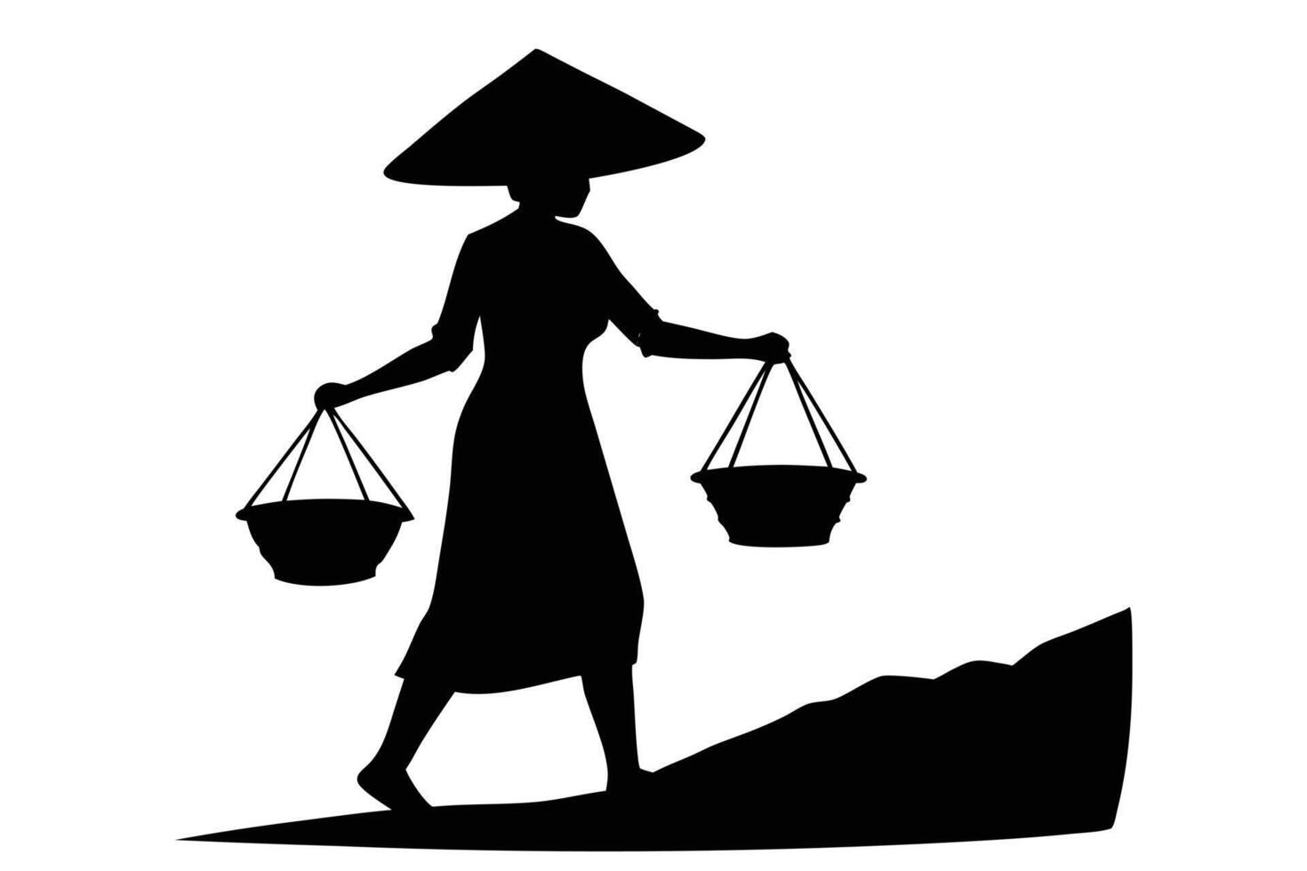 Silhouette of Woman Carrying Baskets with Asian Conical Hat on a Hill vector