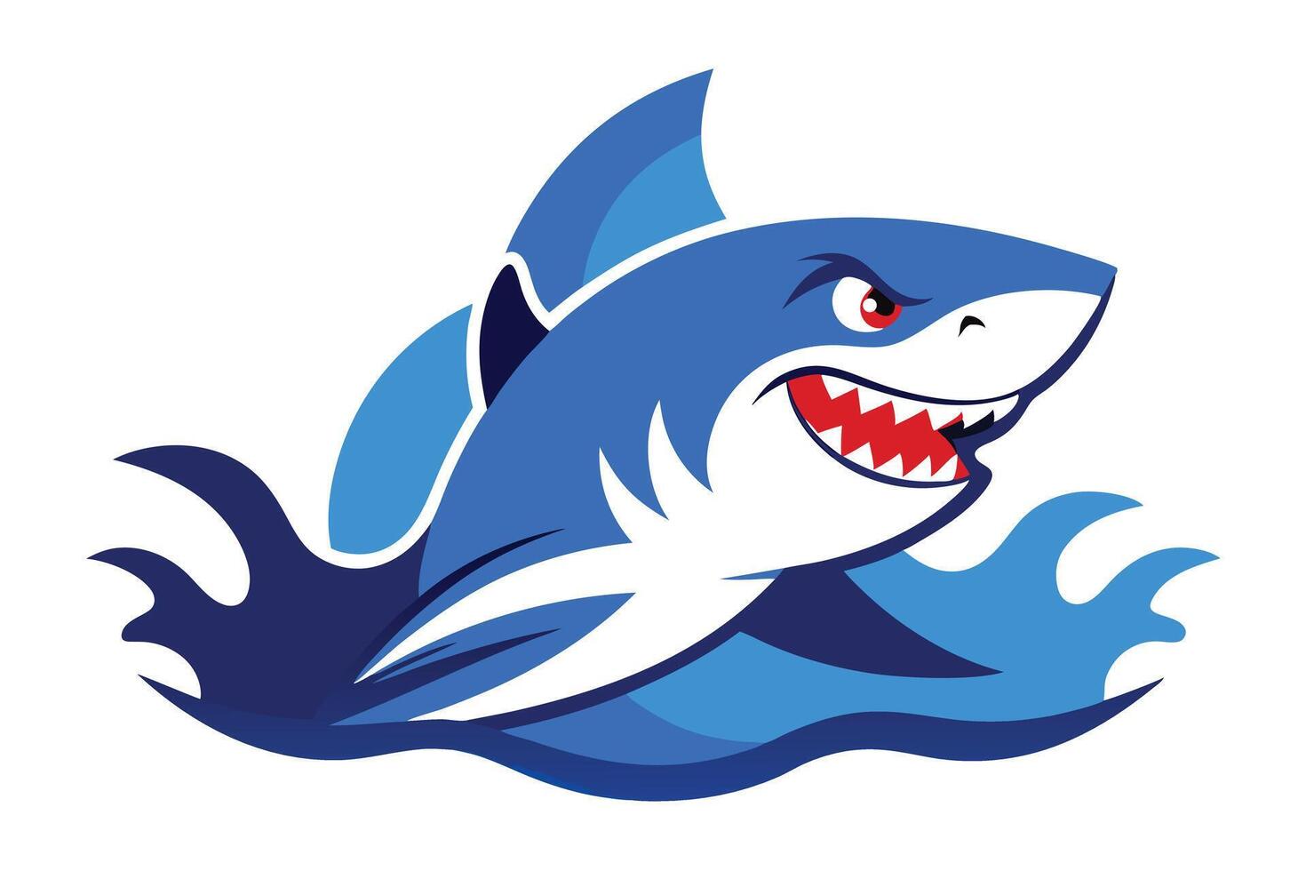 Cartoonish Blue Shark Mascot with Red Eyes and Grinning Teeth on Waves vector