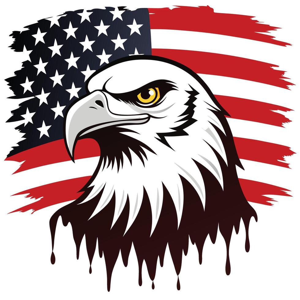 Majestic Bald Eagle with Striking American Flag Backdrop and Dripping Effect Illustration vector