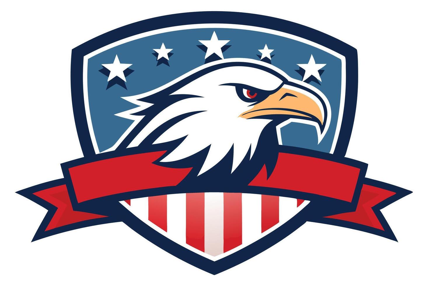 Patriotic American Eagle Shield Emblem Featuring Stars, Stripes, and Red Ribbon Banner vector