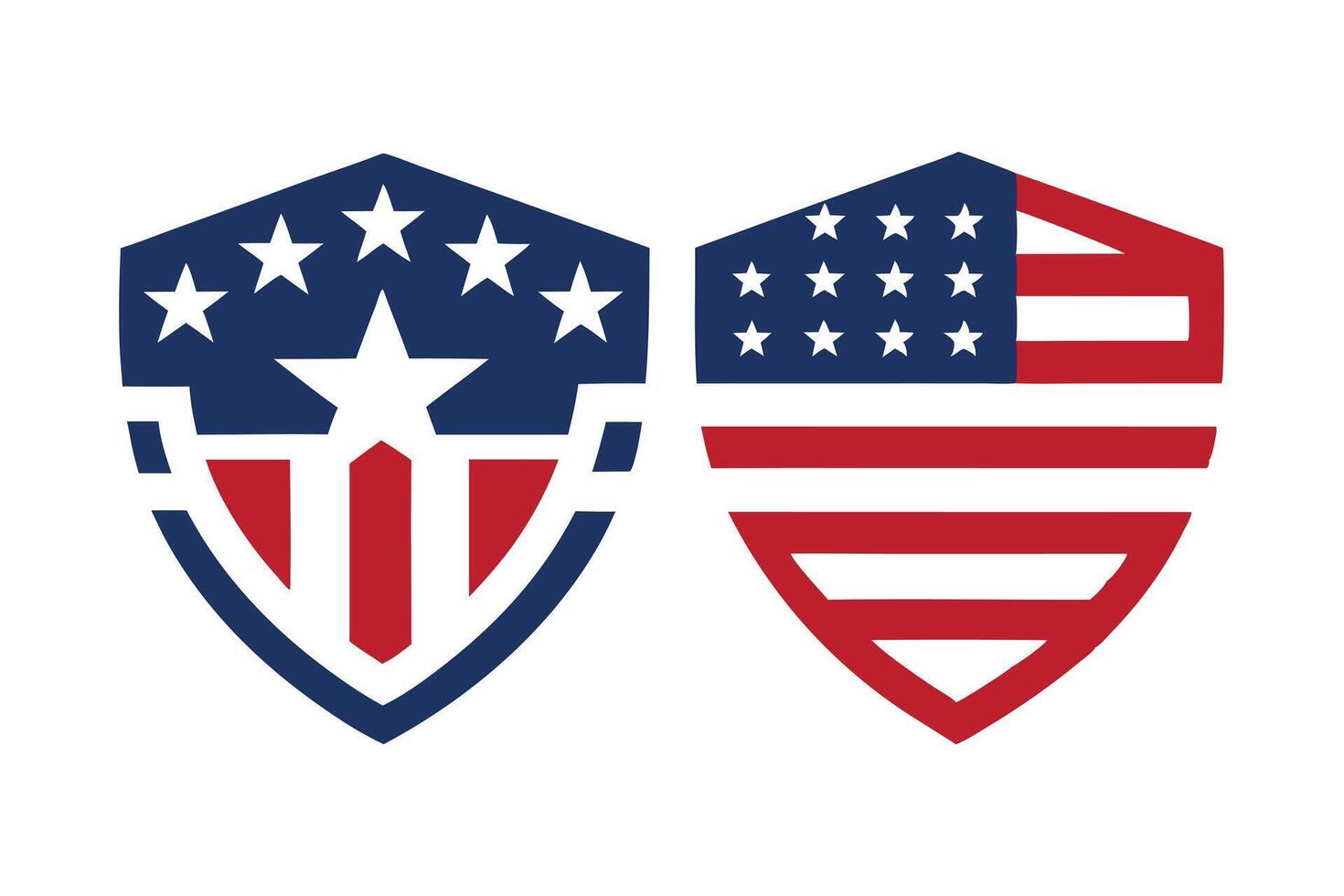 Two shield logos featuring American flag elements with stars and stripes design vector
