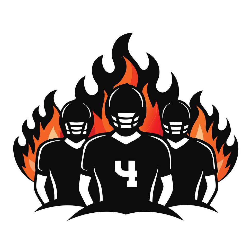Three Football Players in Uniform No.4 Standing Before Flames Representing Team Spirit vector