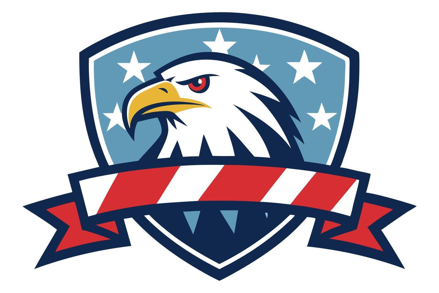 Patriotic Eagle Emblem with Stars and Stripes Banner, Red Eye Focused Gaze vector