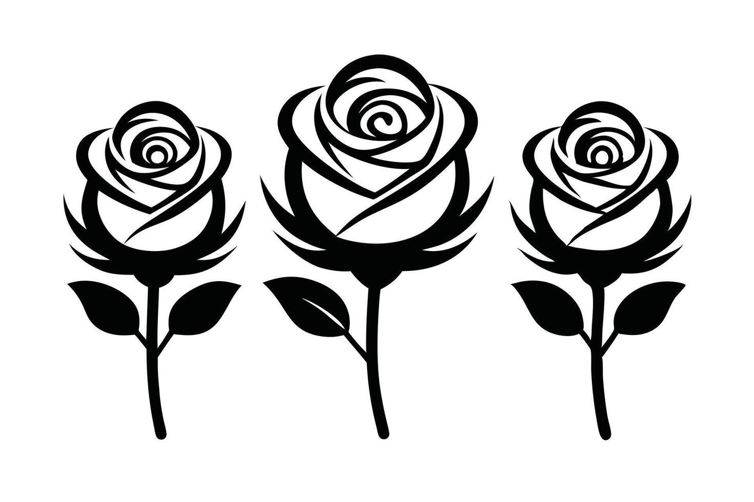 Three Stylized Black Roses with Stems and Leaves on White Background vector