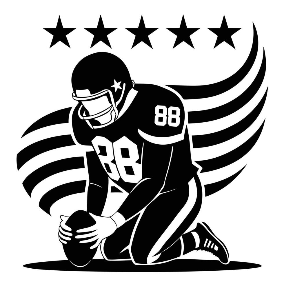 American Football Player Kneeling with Ball Under Stars and Stripes Design vector