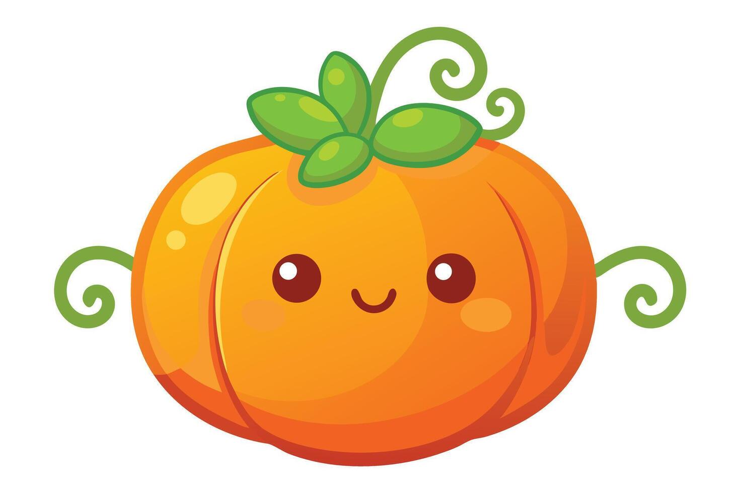 Cartoon Pumpkin with a Smiling Face, Green Leaves and Swirling Vines on a White Background vector