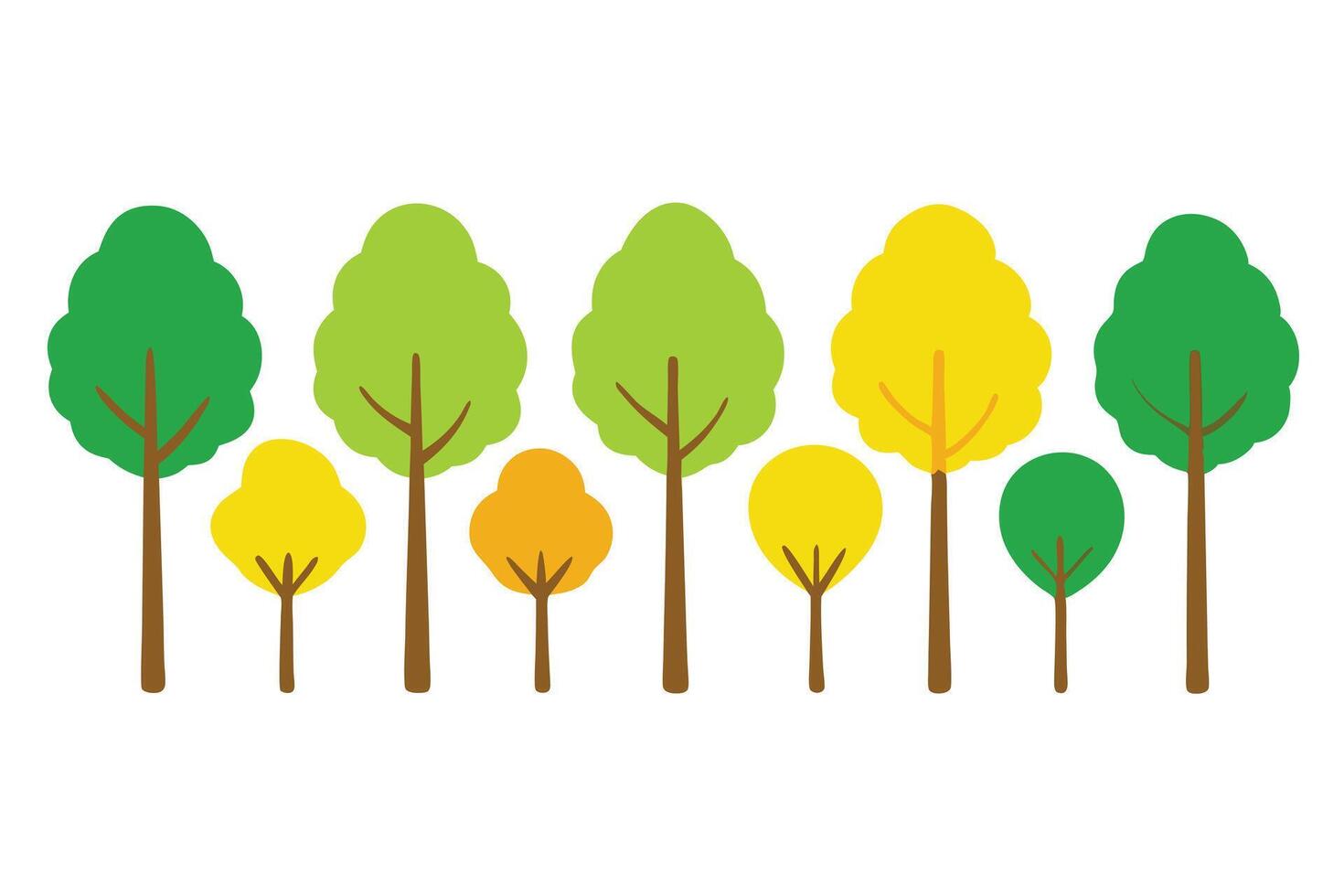 Whimsical Forest Illustration Flat Cartoon Trees in Green, Yellow, and Orange Hues on White Background vector