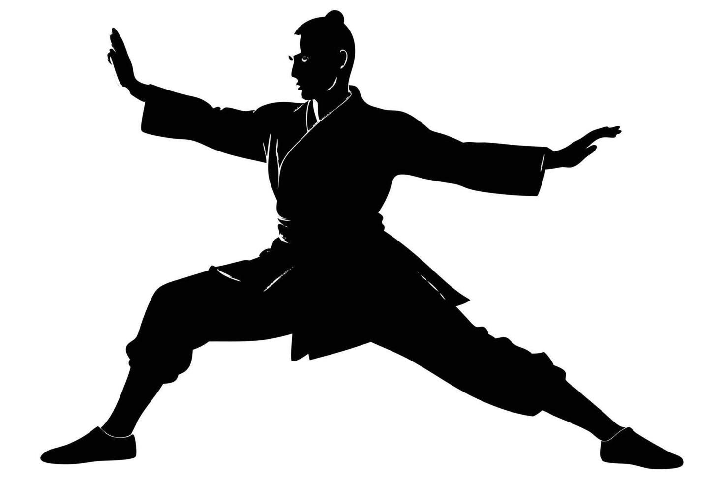 Silhouette of Martial Artist in Fighting Stance Wearing Traditional Uniform Against White Background vector