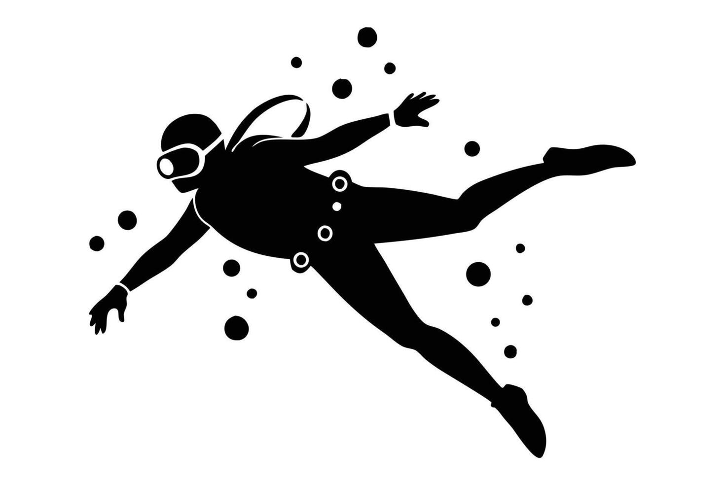 Silhouette of Scuba Diver Swimming with Air Bubbles in Black and White vector