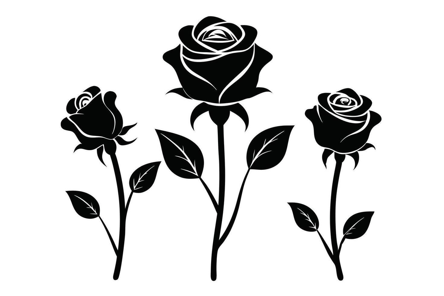 Three Black Rose Silhouettes with Stems and Leaves on a White Background vector