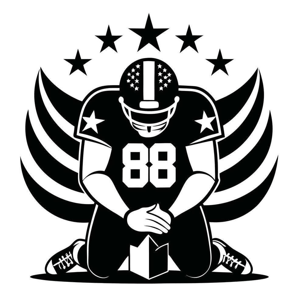 Praying Football Player Illustration with Stars, Wings, and American Flag Helmet Design vector
