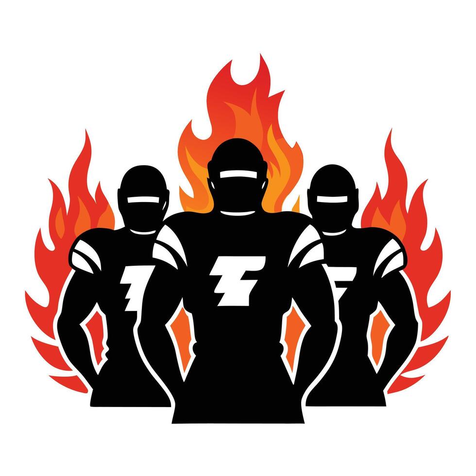 Fiery Football Team Icon Three Players Silhouetted Against Vivid Flames Background Design vector