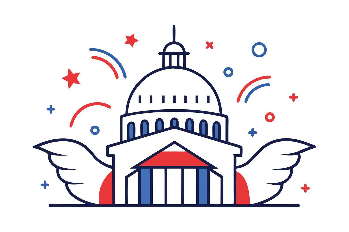 Cartoon Capitol Building with Wings and Patriotic Colors, Red, White, and Blue Icon vector
