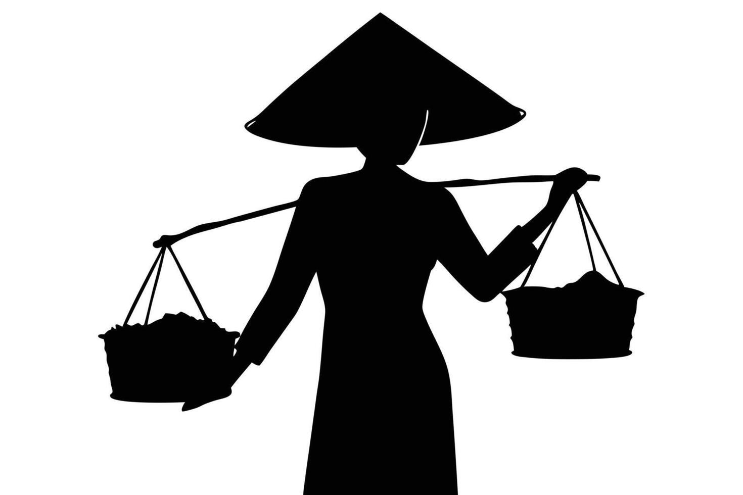 Silhouette of Asian Woman Carrying Baskets with Conical Hat on White Background vector