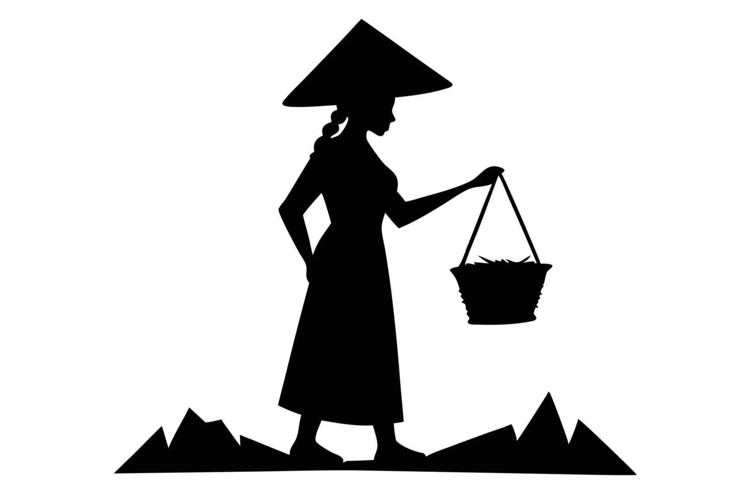 Black Silhouette of Woman with Conical Hat Carrying Basket in Field, Isolated vector