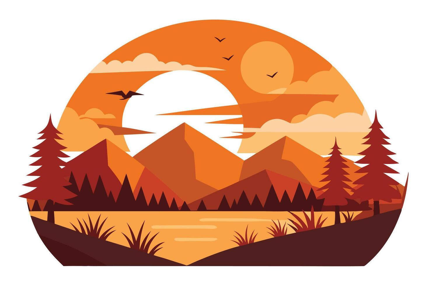 Orange Sunset Over Mountain Lake Flat Illustration With Pine Trees And Birds vector