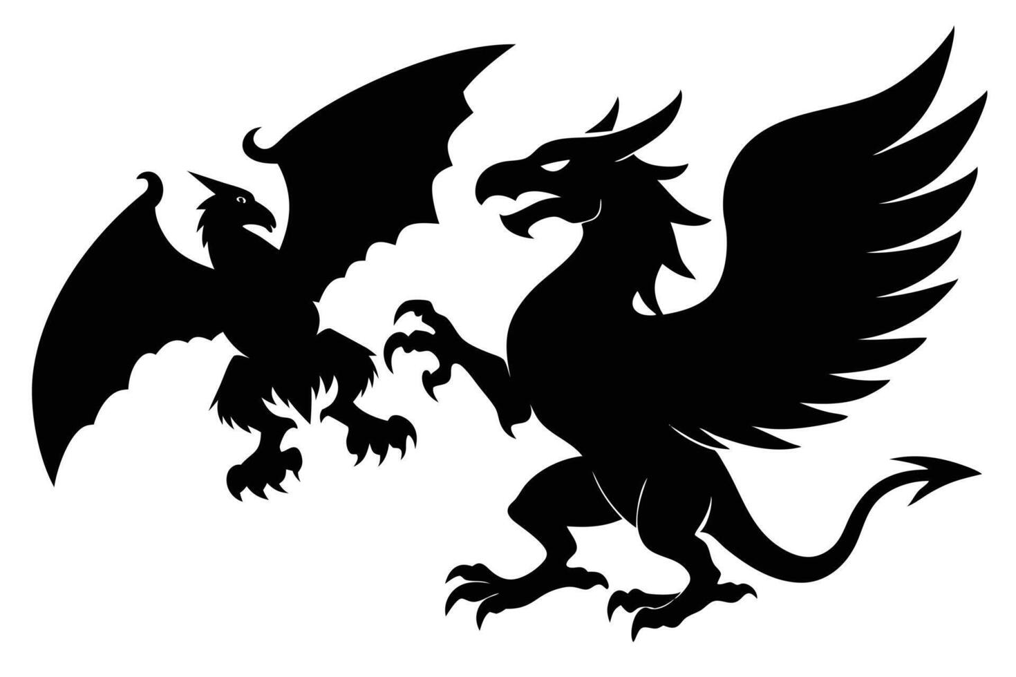 Silhouette Illustration Two Mythical Creatures, Winged Harpy and Dragon, in Dynamic Poses vector