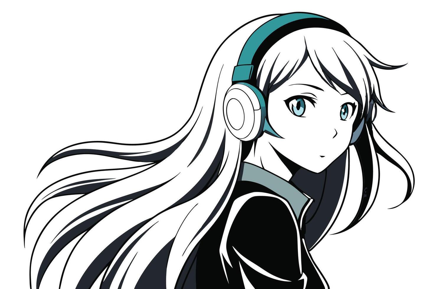 Anime Girl with White Hair, Blue Eyes, and Headphones in Manga Style Art vector