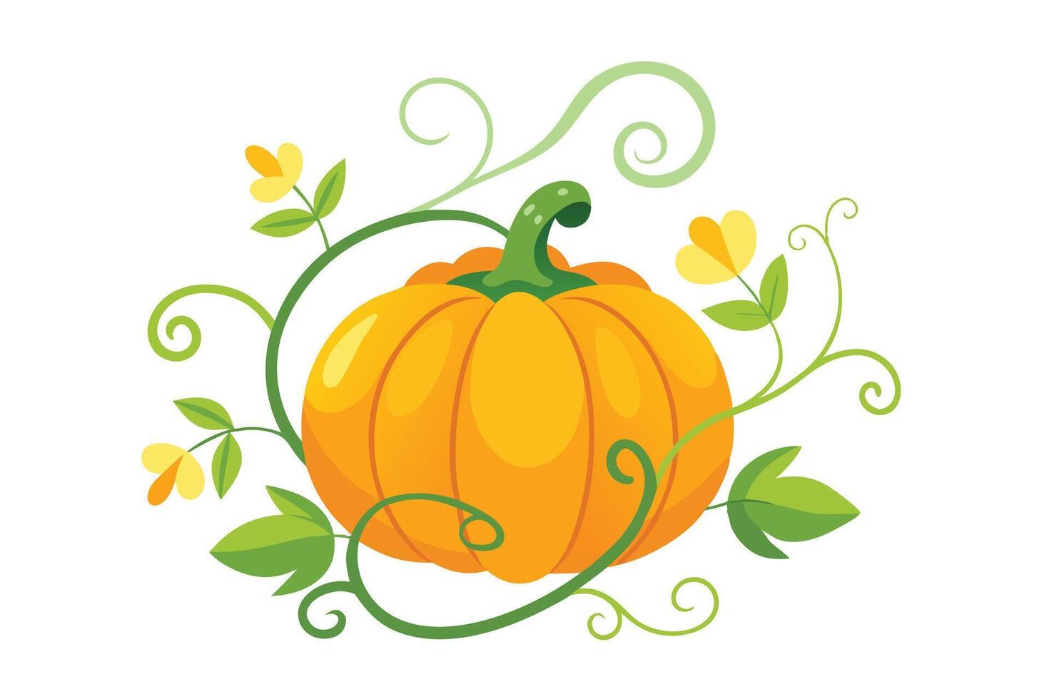 Cute Cartoon Pumpkin with Vines, Leaves, and Flowers on a White Background vector