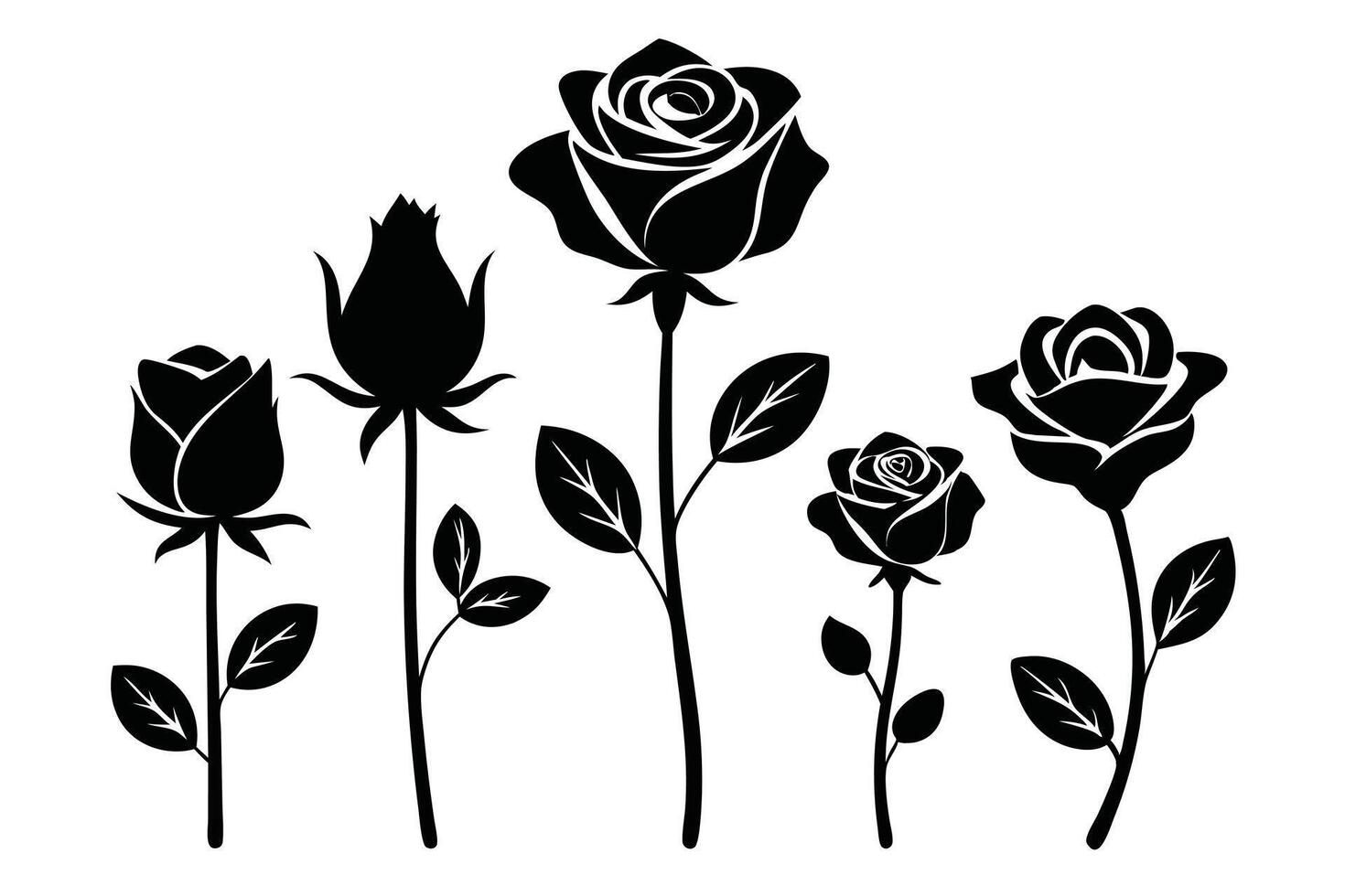 Elegant Black Rose Silhouettes Floral Stems, Blooming and Budding, Design Element vector