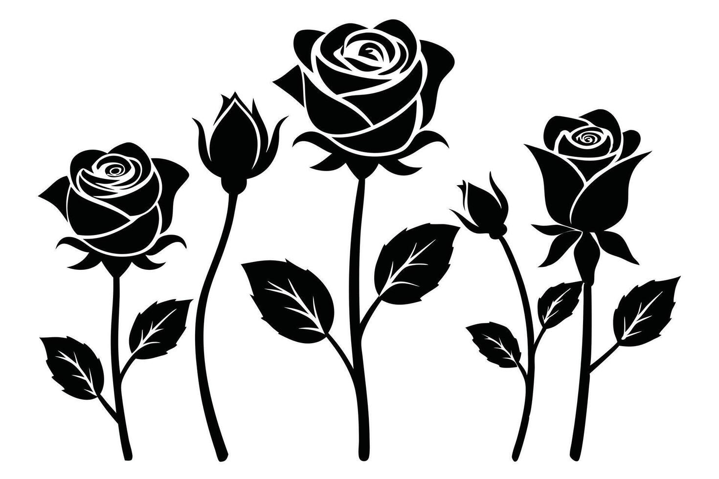 Silhouette Rose Collection Black Outlines of Blossoms, Buds and Leaves on White vector