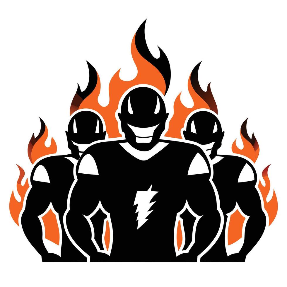 Three Stylized Superheroes Surrounded by Flames, Black and Orange Design Illustration vector