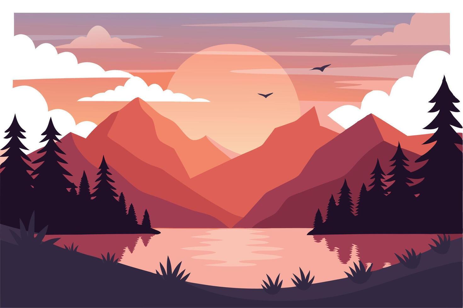 Serene Mountain Lake Landscape at Sunset Silhouette Trees, Gentle Waves, and Birds in Flight vector