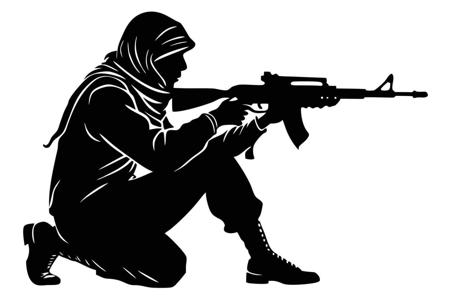 Silhouette of Armed Person with Rifle, Wearing Head Scarf in Stance vector
