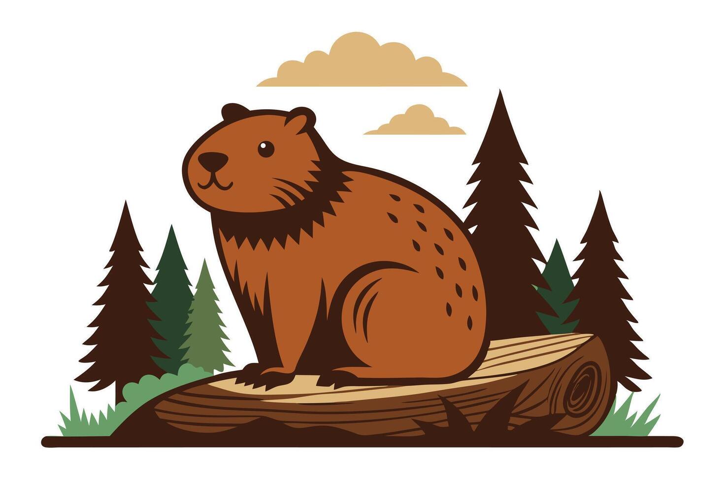 Cartoon Capybara Sitting on a Log, Surrounded by Pine Trees and Cloudy Sky vector