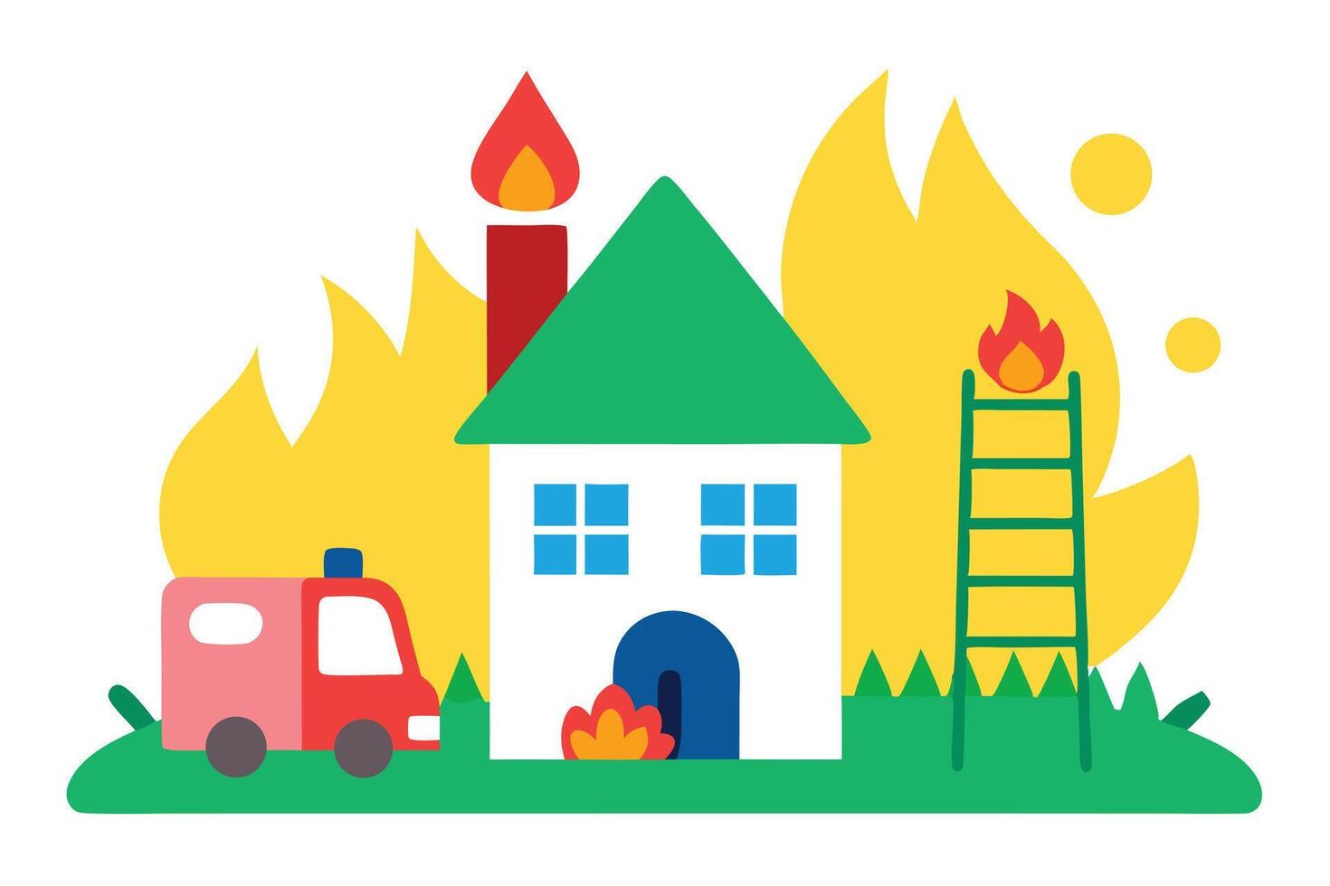 Cartoon House on Fire Illustration with Fire Truck and Ladder in Flat Design Style vector