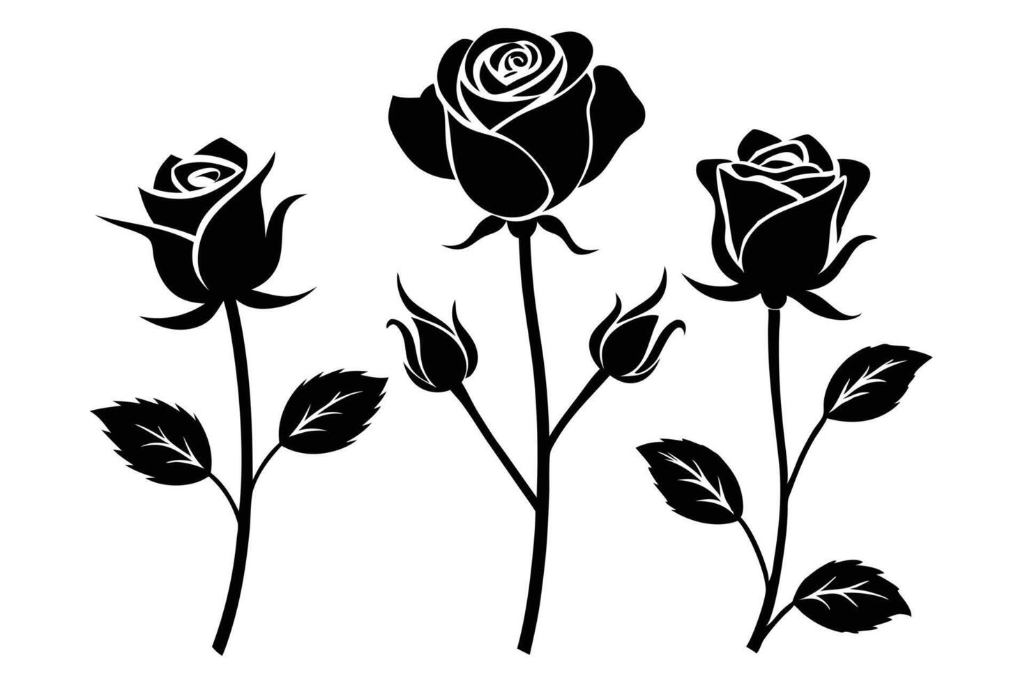 Black and White Illustration of Three Rose Flowers with Stems and Leaves vector