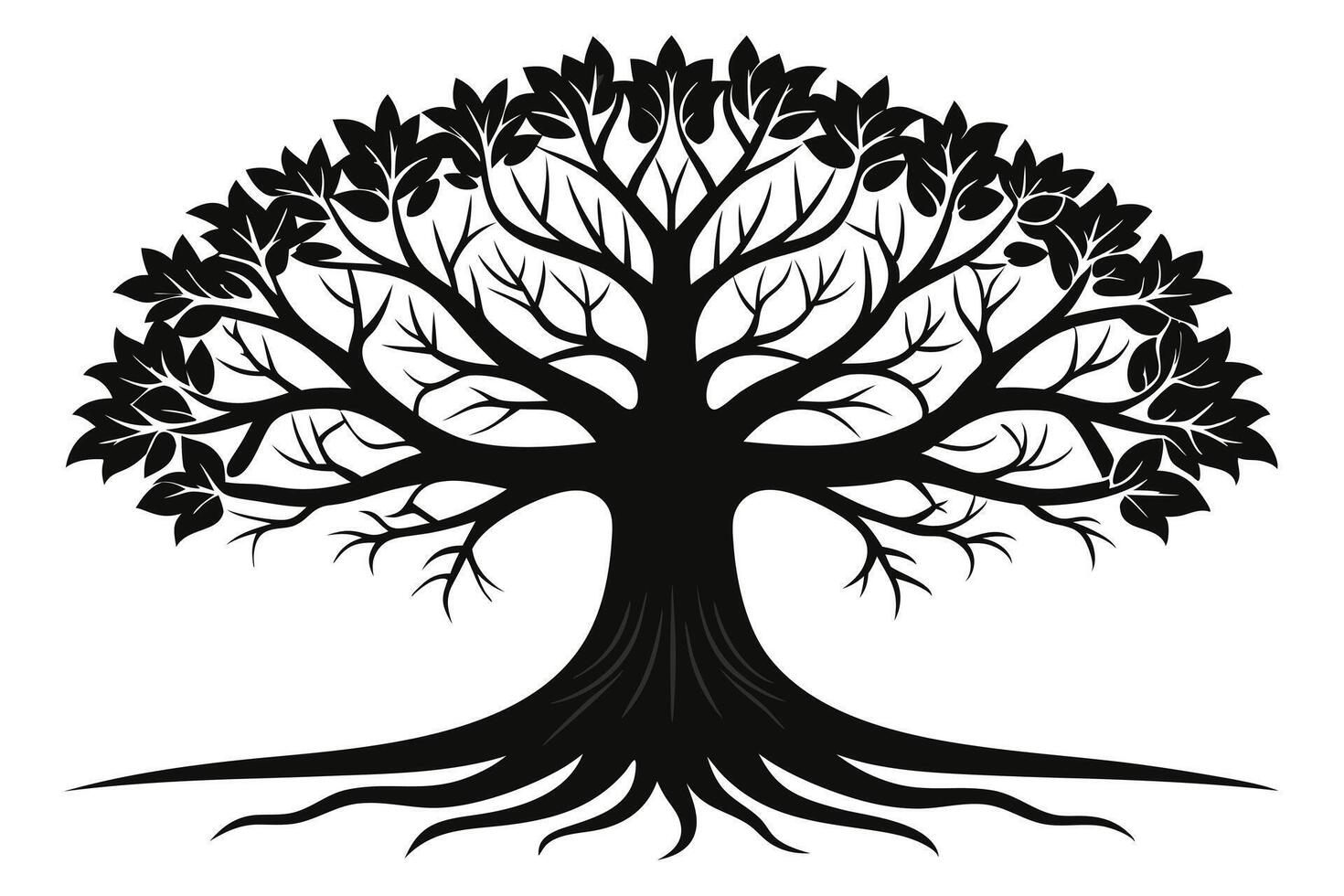 Black Silhouette Tree Branching Canopy, Detailed Roots, Isolated on White Background vector